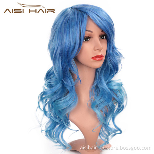 Aisi Hair Heat Resistant Synthetic Fiber Blue Wigs 24 Inch Cosplay Wigs Long Big Wave Cosplay Wigs for Women